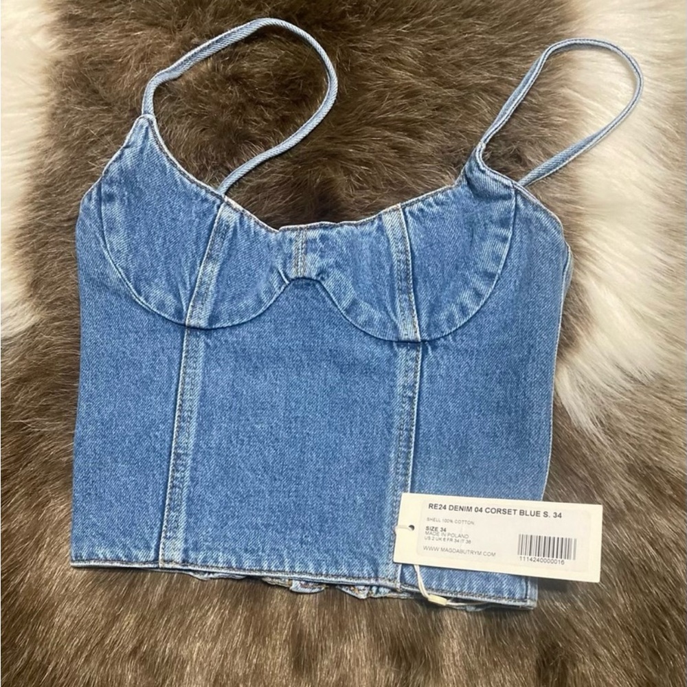 MAGDA BUTRYM - Corset Denim Tank Top In Light Blue - Sz: 34.